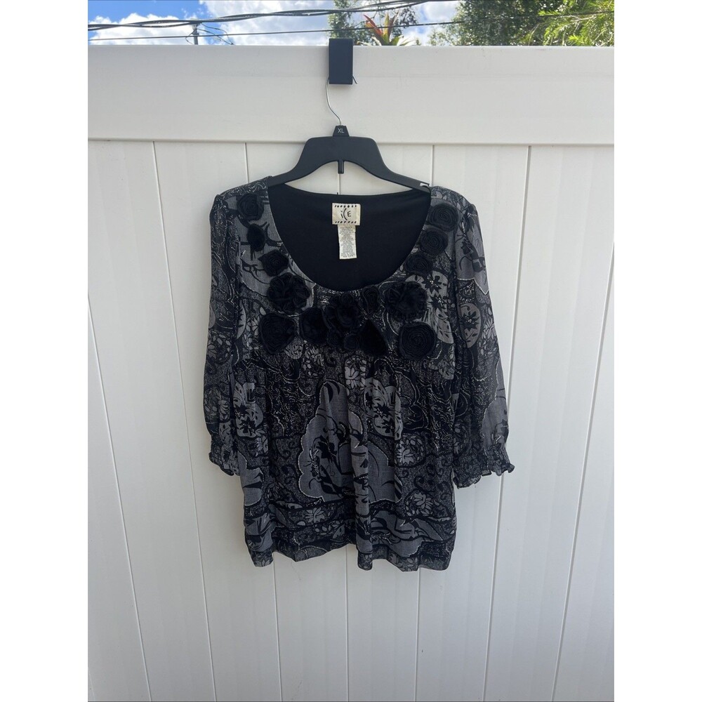 Vintage Ice Top Womens Large Black Lined Long Sleeve Floral 3/4 Sleeve